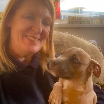 Smiling woman owner holding bulldog-type puppy © RSPCA