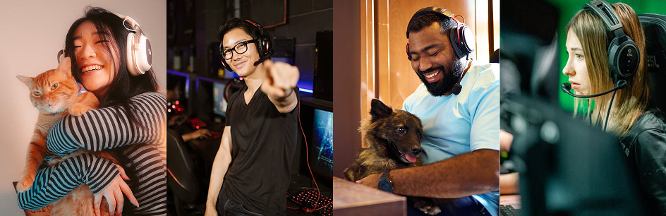 A split image showing from left to right, a girl with headphones holding a cat, a man with headphones pointing at the camera, a man with headphones holding a dog, and a girl with headphones looking at a computer monitor.
