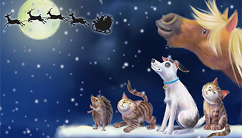 Cartoon animals looking at Santa and his reindeer © RSPCA