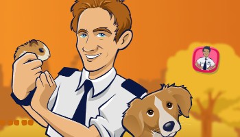 Cartoon inspector with guinea pig and dog