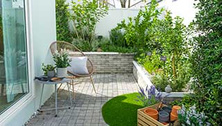 small patio garden with plants in pots