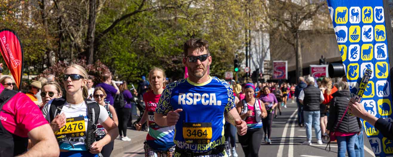 An RSPCA charity runner participating in an organised charity run event running towards camera.