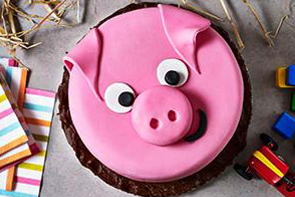 Pink icing covered cake in the shape of a pig.