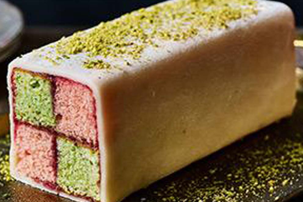 Rose and pistachio Battenburg cake