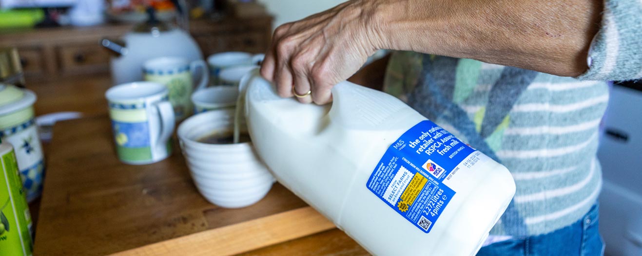 Person pouring from a carton of whole milk into a white mug.