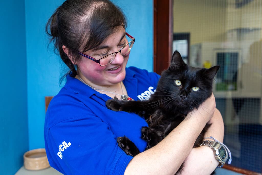 An RSPCA employee wearing a bright blue polo shirt holding a black cat.
