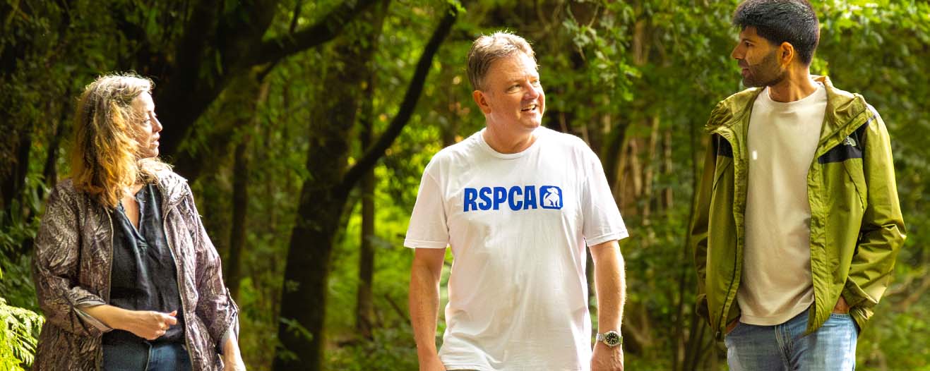 Three people chatting as they walk, one is wearing an RSPCA t-shirt and another is walking a dog.