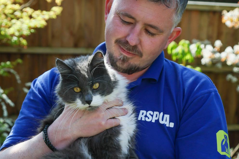 A man cuddles a black and white cat on a sunny day.