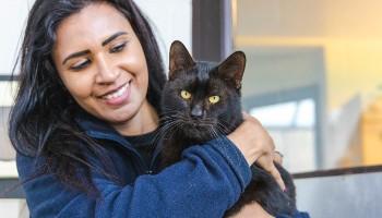 an rspca wildlife casualty volunteer hugging a black cat