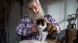 Man holding white, black and ginger cat