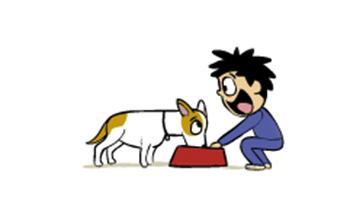 cartoon illustration of boy feeding dog 