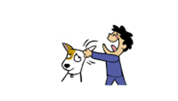 cartoon illustration of boy pulling on dog's ear