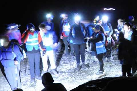 group of hikers wearing headtorches at night
