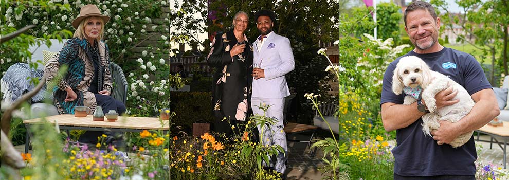 Collection of images from the RHS Chelsea Flower Show 2023 including Joanna Lumley © Jeff Moore, JB Gill © Eamon McCormack, and Steve Backshall © Jeff Moore