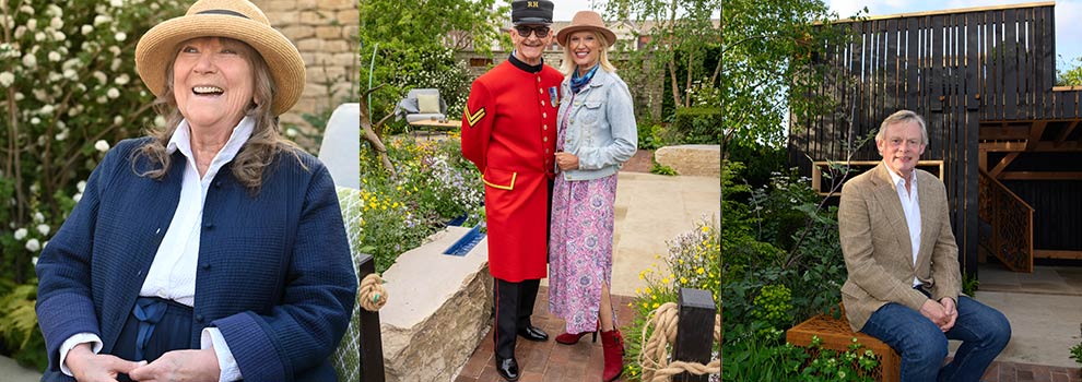 Collection of images from the RHS Chelsea Flower Show 2023 including Julia Foster © Eamon McCormack , Anneka Rice, Chelsea Pensioner Paul Whittick © Jeff Moore and Martin Clunes © Jonathan Hordle