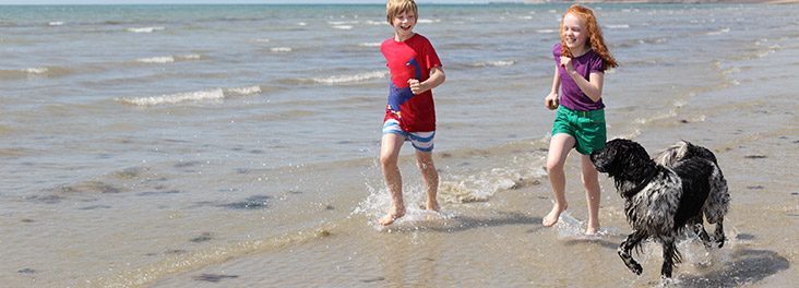Two children and a dog running on the beach © RSPCA photolibrary Two children and a dog running on the beach © RSPCA photolibrary