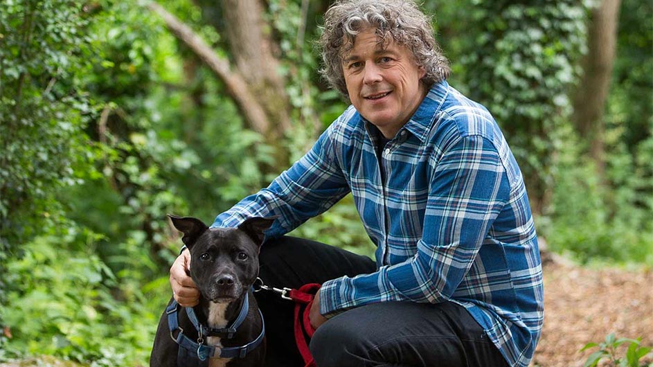 Alan Davies with rescued RSPCA Dog